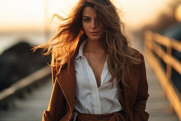 sunset beach spring walking co girl stylish young beautiful coat woman autumn beauty caucasian cloth