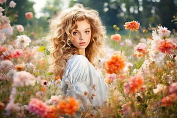 Wall Mural - flowers garden girl young beautiful flower fashion woman summer model spring hair nature beauty chaplet red happy people background portrait cute face skin dream lifestyle female green sensuality