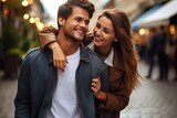 Fototapeta  - street city outdoors walking love couple young Beautiful male human relationships people caucasian female romance happy woman man together romantic lifestyle urban togetherness adult boyfriend