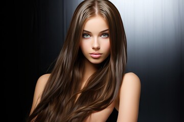 hair long straight woman Beautiful face beauty coiffure attractive female style fashion glamour look stylish modern cute portrait expression charme looking luxury smooth gloss closeup make-up body