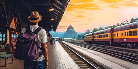 Wall Mural - Young traveler at modern railway station. Urban landscape stylish man stands alone on platform backpack ready for journey