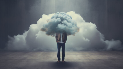 Man with cloud over his head depicting solitude and depression,