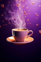 Wall Mural - Cup of coffee levitationg on purple background