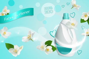 Wall Mural - Fabric softener advertising design. Bottle of eco conditioner and jasmine flowers on light blue background