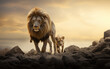 Une illustration d'un lion et son petit lionceau dans la nature