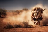Un lion majestueux courant dans la savane, chassant une proie et soulevant de la poussière.