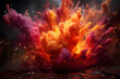 Freeze the moment of a balloon bursting with Holi colors, capturing the explosion in a cinematic style for a visually striking commercial photo