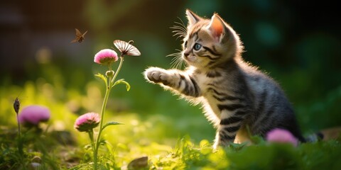Cute cat enjoying nature, surrounded by green grass and chasing butterflies under the warm sunlight.
