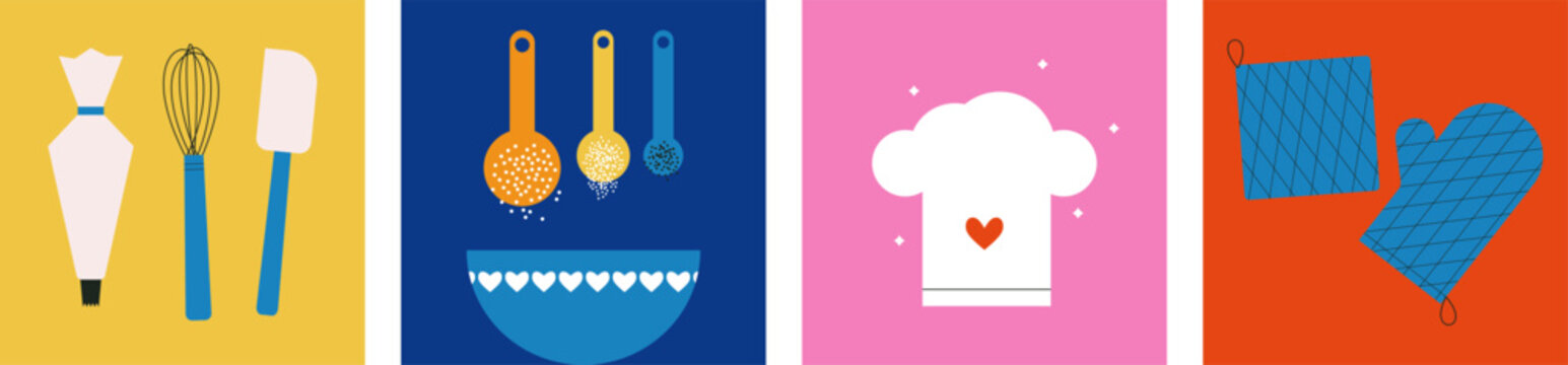 Kitchen utensils icon set. Collection of cooking food vector design elements. Kitchenware for cooking and baking. Pastry bag, icing. Spatula. Whisk. Flat vector illustration. Trendy abstract style.