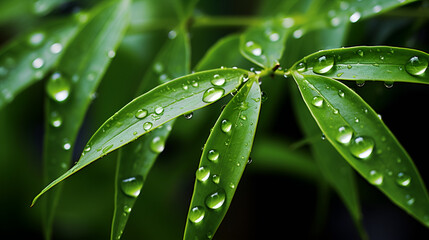 Wall Mural - water drops on green leaf, Green grass with raindrops clinging to it., Grass blades background with dew drops