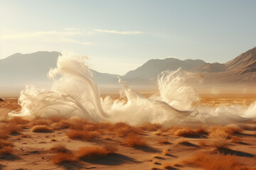 Poster - Swirling dust devils dancing across a sunlit desert landscape, creating a mesmerizing display. Concept of arid whimsy. Generative Ai.