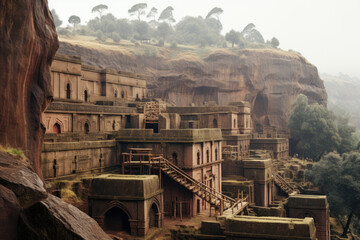 Sticker - The rock-hewn churches, showcasing the architectural marvels of African historical heritage. Concept of sacred craftsmanship. Generative Ai.