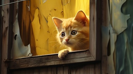 Naklejka na meble The tiny yellow cat warily glances through the window of the house.