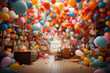 A room filled with colorful balloons, released into the air, creating an atmosphere of excitement and celebration. Generative Ai.