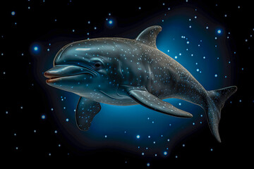 Wall Mural - cute dolphin flying in space eye contact looking at you illustration