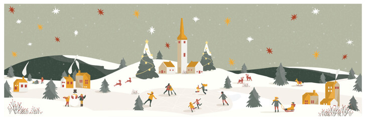 Panoramic vector illustration of winter snowy in green eathy background.The cute small village in Christmas day with snow.Kids ice skating,decorate tree.Merry Christmas carol with happy new year. 