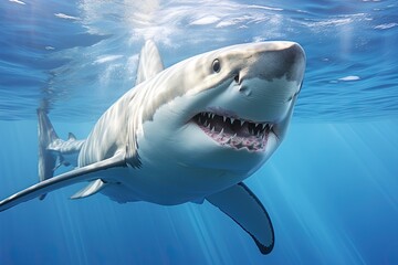 Wall Mural - great white shark underwater eye contact swimming to you