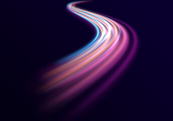 Wall Mural - The speed line is blue and red in color. Luminous stripes on a transparent background. Shiny wavy path. Glowing swirl bokeh effect. Magic of moving fast lines. Vector.