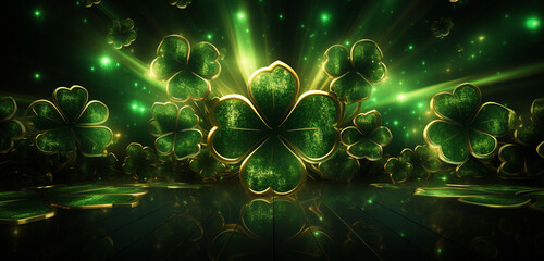 Wall Mural - Luminous neon light design with a pattern of green and gold clovers on a lucky 3D texture