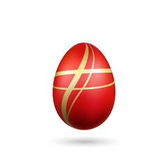 Wall Mural - Easter egg 3D icon. Gold red egg, isolated white background. Bright realistic design, decoration for Happy Easter celebration. Holiday element. Shiny pattern. Spring symbol. Vector illustration