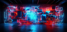 Mesmerizing Neon Light Graffiti With Abstract, Interlocking Red And Blue Shapes On A 3D Texture