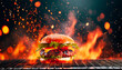 Hamburger with fire flames on black background. Close-up.