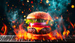 Hamburger with fire flames on black background. Close-up.