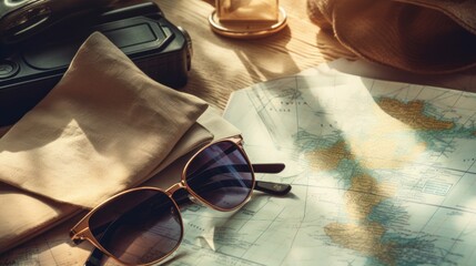 a passport, map, sunglasses, and a travel journal on the table to convey the idea of travel