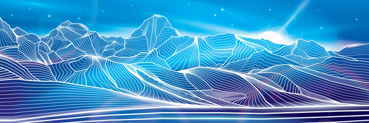 Wall Mural - Mountains night landscape panoramic. Outline illustration on blue background. Neon glow illumination. Amazing moonlight. Snow hills. Vector design art