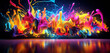 Vibrant neon light graffiti with abstract, multicolored splashes on a splashy 3D surface