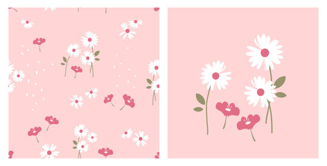 Canvas Print - Seamless pattern with daisy flower and cute flower on pink background vector illustration. Daisy icon sign.