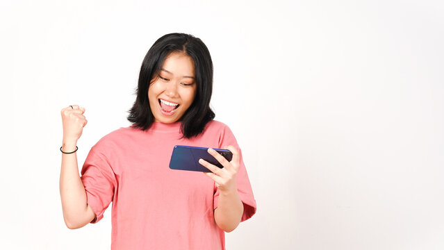 Young Asian woman in pink t-shirt Playing Mobile Game on Smartphone isolated on white background