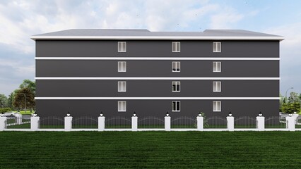 4 floors of grey and white apartment building facade render and illustration. exterior architectural rendering. 