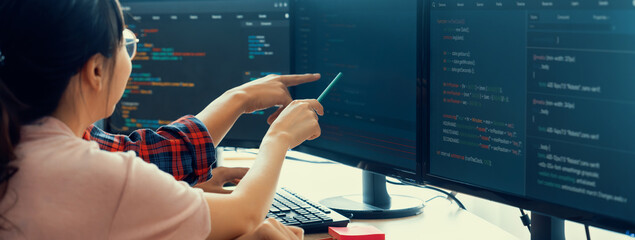Female programer explain while pointing code displayed on computer. Professional programmer present data analysis and writing java script at modern company office. Closeup. Burgeoning.