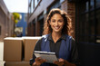 Positive female worker in uniform with checklist managing parcel boxes in warehouse. Young Caucasian woman employee holding tablet working in logistic industry. Import-export delivery concept.