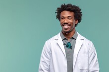 Confident Laughing Expression Natural Face Smile Side Away Looking Background Isolated Man Scientist Doctor American Afro Black Young Adult African Curly Psychologist Counselor Healer Coat White