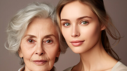 Beautiful mature and young women face to face. Cosmetic procedures for aging skin skin body care healthy lifestyle concept