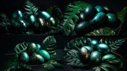 Wall Mural - Green glossy metallic neon eggs with monstera leaves