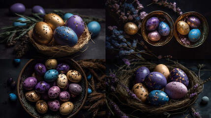 Wall Mural - Purple, blue and golden eggs with lavander. Concept of celebrating Easter