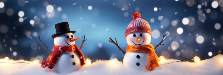 Wall Mural - Christmas snowman's with red hat on head. Snowman in snow with white snowflakes on night background. Realistic cartoon style. Winter Christmas background