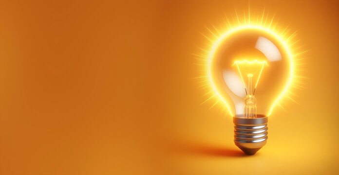A yellow light bulb glowing  on a yellow background with copy space for text,AI-generated