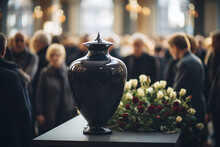 A Funeral Urn With Ash Stands With Flowers In A Cemetery Chapel Just Before The Funeral Service. Farewell To The Deceased In Church.