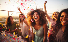 Group Of Friends Having Fun Enjoying Summer Party Celebration Throwing Confetti In The Air, Young Multiracial Hipster People Having Fun At Weekend Event Outdoors