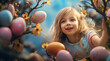 Fête de Pâques, une enfant émerveillée cherchant des œufs dans une nature colorée