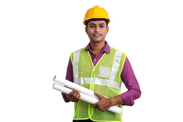 Indian male architect wearing yellow helmet and safety jacket holding blueprints on white background 