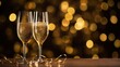 New Year Champagne for festive cheers with gold sparkling bokeh background. Glasses of sparkling wine in front of tender bright gold bokeh. Holiday golden glitter confetti, new year banner 2024