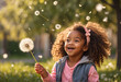 girl blowing dandelion, girl with curly hair, kid smiling and playing
