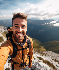 Young hiker man taking selfie portrait on the top of mountain - Happy guy smiling at camera.