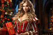© Kien - a pretty girl in a beautiful santa claus gown in front of christmas gifts