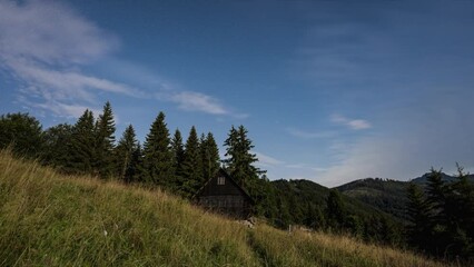 Wall Mural - day to night time lapse with clouds and stars of milky way galaxy motion over forest nature and wood